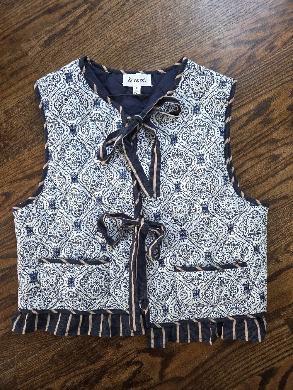 &merci Navy and White Quilted Tie-Front Vest With Stripe Contrast